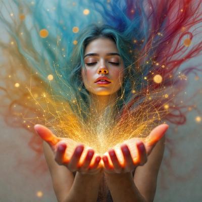 The primary subject of the image is a woman with blue hair, who is holding her hands out and appears to be glowing. The setting is a colorful background, which adds to the vibrant atmosphere of the scene. The visual style is a combination of photo and digital art, creating a unique and eye-catching image. The colors and mood are lively and energetic, with the woman's glowing hands and the vivid colors of the background creating a sense of excitement and wonder.